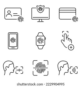 Password Finger Print, Voice Command Verification Line Icon Set. Biometric Identification Technology, Data Protection Pictogram. Finger Print ID Symbol. Editable Stroke. Isolated Vector Illustration.