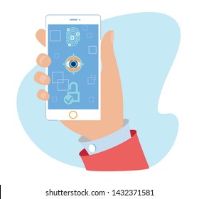 Password, Fingerprint and Face Unlock Mobile Application. Flat Cartoon Human Hand Holding Smartphone. Digital Screen with Safety Personal Access, User Authorization Icons. Vector Illustration