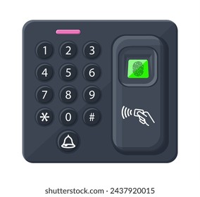 Password and fingerprint security device at office or home door. Access control machine or time the attendance. Proximity card reader. Vector illustration in flat style