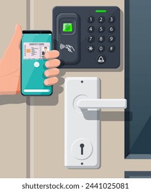 Password and fingerprint security device at office or home door. Hand with smartphone with id card application. Access control machine, time attendance. Proximity card reader. Flat vector illustration