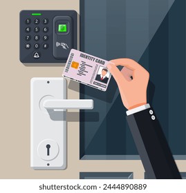 Password and fingerprint security device at office or home door. Hand with id card. Access control machine or time the attendance. Proximity card reader. Vector illustration in flat style