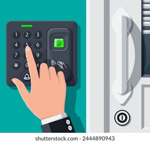 Password and fingerprint security device at office or home door. Access control machine or time the attendance. Proximity card reader. Vector illustration in flat style