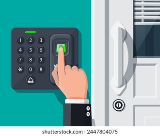 Password and fingerprint security device at office or home door. Access control machine or time the attendance. Proximity card reader. Vector illustration in flat style