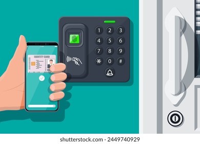 Password and fingerprint security device at office or home door. Hand with smartphone with id card application. Access control machine, time attendance. Proximity card reader. Flat vector illustration