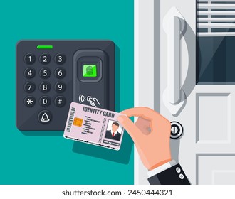 Contraseña y dispositivo de seguridad de huellas dactilares en la oficina o la puerta de casa. Mano con tarjeta de identificación. Máquina de control de acceso o cronometrar la asistencia. Lector de tarjetas de proximidad. Ilustración vectorial en estilo plano