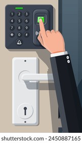 Contraseña y dispositivo de seguridad de huellas dactilares en la oficina o la puerta de casa. Máquina de control de acceso o cronometrar la asistencia. Lector de tarjetas de proximidad. Ilustración vectorial en estilo plano