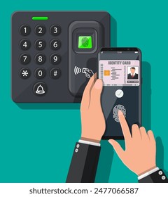 Password and fingerprint security device at office or home door. Hand with smartphone with id card application. Access control machine, time attendance. Proximity card reader. Flat vector illustration