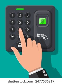 Password and fingerprint security device at office or home door. Access control machine or time the attendance. Proximity card reader. Vector illustration in flat style