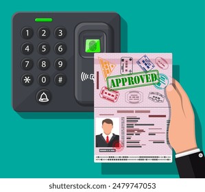 Password and fingerprint security device at office or home door. Hand with passport. Access control machine or time the attendance. Proximity card reader. Vector illustration in flat style