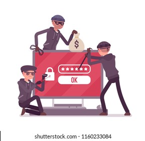 Password hacking danger. Masked men in black cracking, recovering code from computer data, network system, thieves committing crime. Vector flat style cartoon illustration isolated on white background