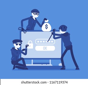 Password hacking danger. Masked men in black cracking, recovering code from computer data, network system, thieves committing crime. Vector illustration, faceless characters