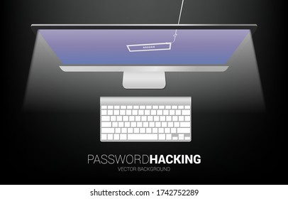 Password hacking with fishing hook from computer. Concept of click bait and digital phishing. 