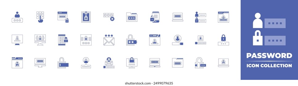 colección de ícono de Contraseña. Estilo duotono trazo de línea y negrita. Ilustración vectorial. Contiene Contraseña, Inicio de sesión, contraseña incorrecta, Sitio web, portátil, usuario, desbloqueo, datos, empleado.