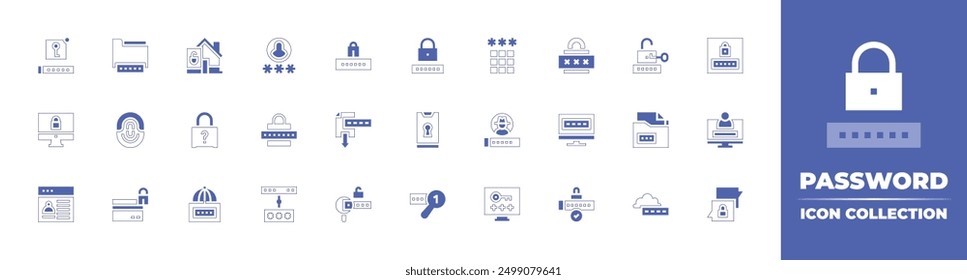 Password icon collection. Duotone style line stroke and bold. Vector illustration. Containing forgotpassword, password, key, hacking, creditcard, fingerprint, server, padlock, folder.