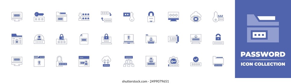 Password icon collection. Duotone style line stroke and bold. Vector illustration. Containing folder, numeric, password, padlock, changepassword, signin, login, security, cloud, laptop.