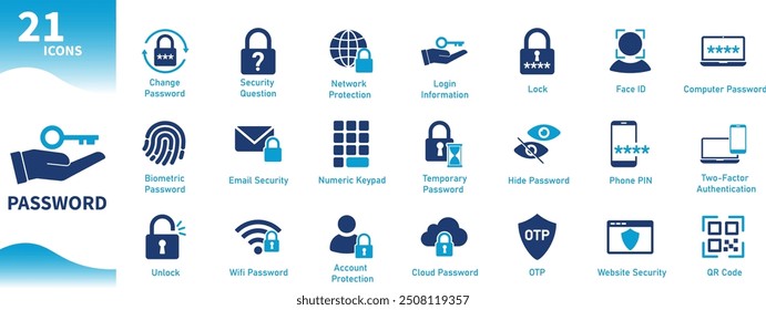 Password icon. Collection of icons themed security, login, biometric, internet, computer, phone. Solid vector icons.