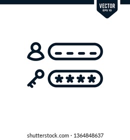 Password icon collection in outlined or line art style, editable stroke vector