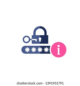 Password icon with information sign. Protection lock icon and about, faq, help, hint symbol 