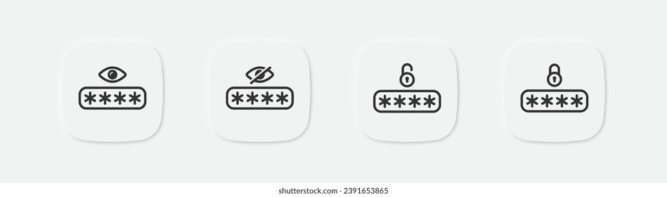 Password icon. Login sign. Lock and eye symbols. Unlock icons set. Invisible and visible symbol. Vector isolated sign.