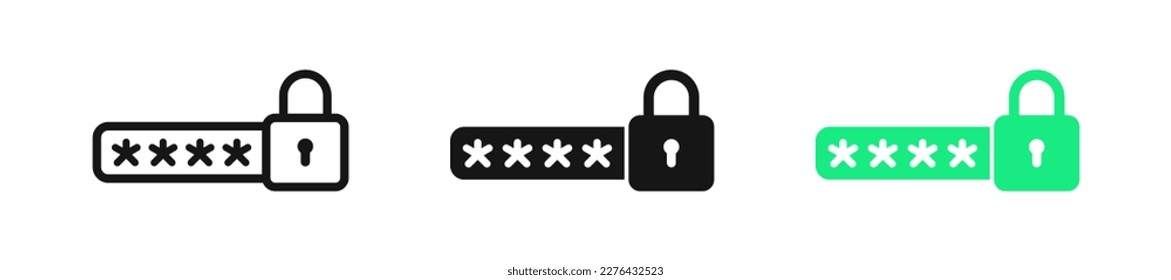 Password icon. Login symbol. Lock signs. Safe computer symbols. Security code icons. Black and green color. Vector isolated sign.