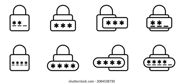 Password icon. Login icon. Vector illustration. Set of varied pincode flat icons. Cyber security black icons.