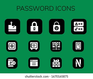 password icon set. 12 filled password icons.  Simple modern icons such as: Phishing, Safe box, Hacker, Lock, Strongbox, Binary code, Firewall, Access, Locker, Key ring