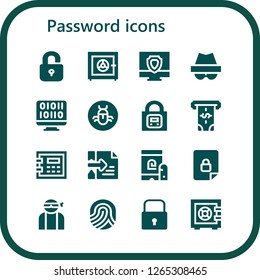  password icon set. 16 filled password icons. Simple modern icons about  - Unlock, Safe box, Antivirus, Hacker, Binary code, Bug, Lock, Atm, Safebox, Fingerprint, Locked