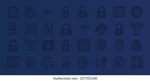 password icon set. 32 filled password icons. on blue background style Simple modern icons about  - Lock, Locker, Padlock, Safebox, Atm, Fingerprint, Key, Key ring, Antivirus, Firewall