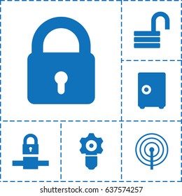 Password icon. set of 6 password filled icons such as lock, opened lock, gear keyhole