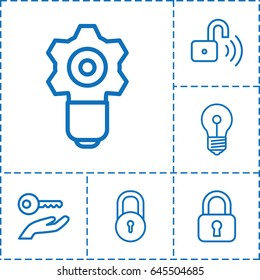 Password icon. set of 6 password outline icons such as lock, opened security lock, key on hand, gear keyhole