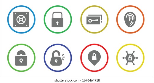 password icon set. 8 filled password icons. Included Safebox, Padlock, Lock, Key, Privacy, Fingerprint, Vpn icons