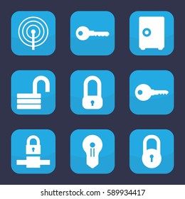 password icon. Set of 9 filled password icons such as lock, key, opened lock, keyhole