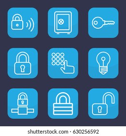 Password icon. set of 9 outline password icons such as safe, lock, security lock, key, open lock, hand on atm