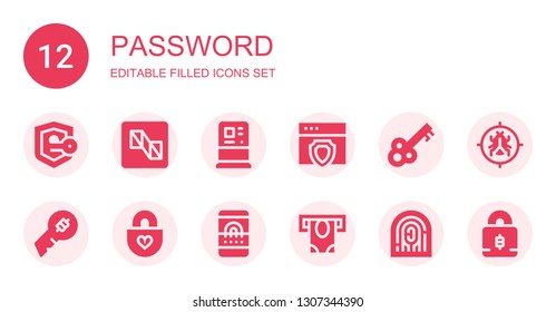 password icon set. Collection of 12 filled password icons included Security, Preview, Atm, Antivirus, Key, Padlock, Fingerprint scan, Fingerprint