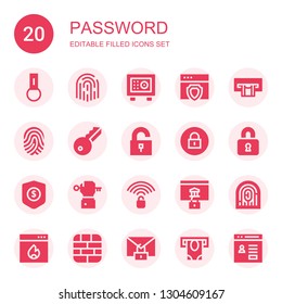 password icon set. Collection of 20 filled password icons included Key chain, Fingerprint, Safebox, Antivirus, Atm, Key, Unlock, Padlock, Locked, Protection, Unlocked, Password