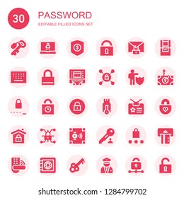 password icon set. Collection of 30 filled password icons included Key, Login, Protection, Padlock, Secure, Keypad, Lock, Atm, Vpn, Password, Padlocks, Unlock, Identity, Safebox