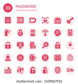 password icon set. Collection of 30 filled password icons included Data protection, Safe box, Lock, Firewall, Access, Padlock, Atm, Unlocked, Password, Padlocks, Unlock, Hacking