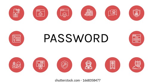conjunto de iconos de contraseña. Colección de claves, malware, hacker, defensa, seguridad, atm, Detective, caja segura, protección de datos, iconos de contraseña