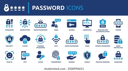 Password icon set. Containing login, access, secure, passcode, encryption, code, 2FA, fingerprint and more. Solid vector icons collection.