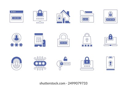 Conjunto de iconos de Contraseña. Estilo duotono trazo de línea y negrita. Ilustración vectorial. Contiene código de contraseña, Contraseña, Web, huella digital, búsqueda, portátil, candado, carpeta.