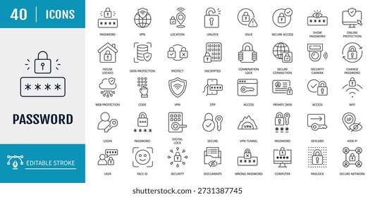 	
Password icon set. Includes login, access, secure, passcode, encryption, code, 2FA, fingerprint and more. Vector illustration with editable strokes