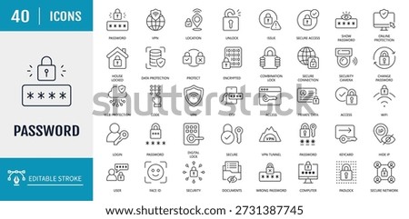 	
Password icon set. Includes login, access, secure, passcode, encryption, code, 2FA, fingerprint and more. Vector illustration with editable strokes