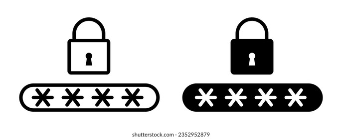 password icon set. login secure pin protection vector symbol. data access lock sign. private account security icon set in black filled and outlined style.