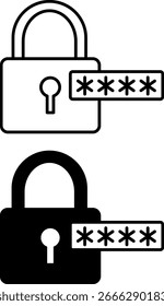 Kennwortsymbole. Schwarzweiß-Vektorgrafik. Vorhängeschloss und versteckter Code. Geheime Kombination von Buchstaben und Symbolen für den Zugriff auf Daten oder ein Computerprogramm. Konzept für Datensicherheit und Datenschutz