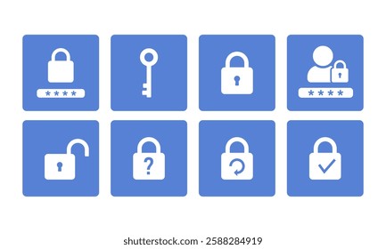 Password icons on blue rectangle set. Vector illustration