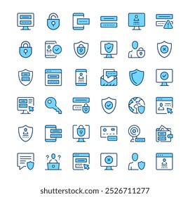 Password icons. Outline symbols. Vector blue line icons set