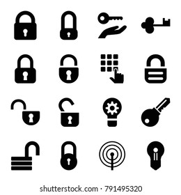 Password icons. set of 16 editable filled password icons such as lock, opened lock, keyhole, key on hand, key, open lock, hand on atm