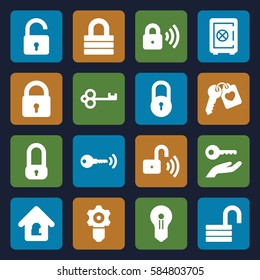 password icons set. Set of 16 password filled icons such as lock, opened lock, Safe, heart key, key, keyhole, key on hand