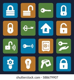 password icons set. Set of 16 password filled icons such as lock, opened lock, Safe, key, heart key, keyhole, key on hand