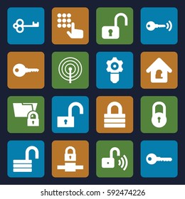 password icons set. Set of 16 password filled icons such as lock, key, opened lock, gear keyhole, hand on atm